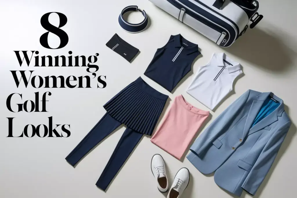 Overhead flat lay of curated modern womens golf apparel wardrobe