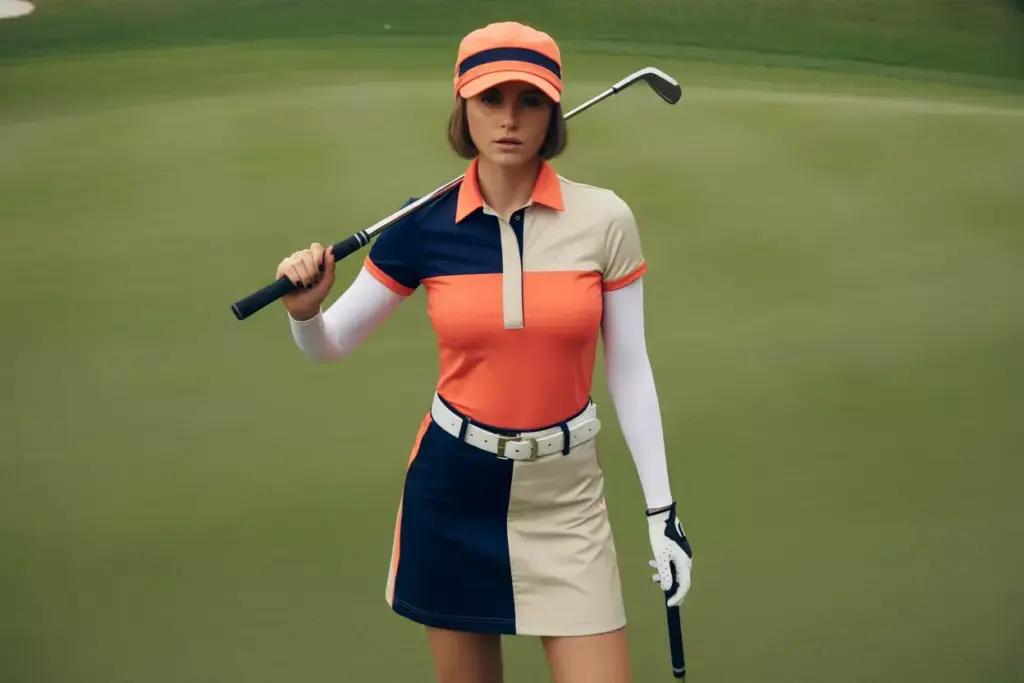 Woman in color blocked top and neutral bottoms putting