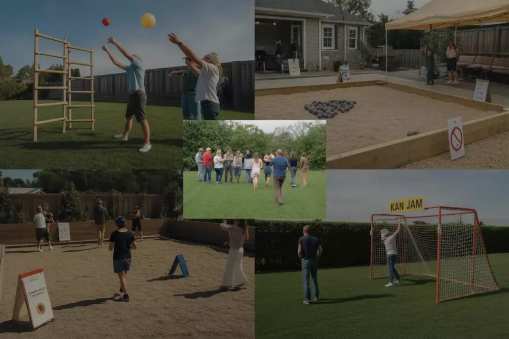 Backyard Event With Multi Station Game Circuit Including Ladder Toss And Bocce