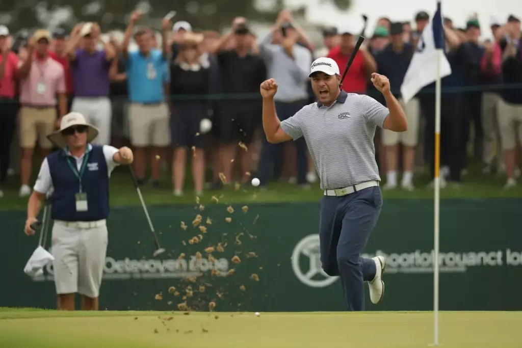 Golfer Celebrating Victorious Putt With Emotional Fist Pump On Tournament Green