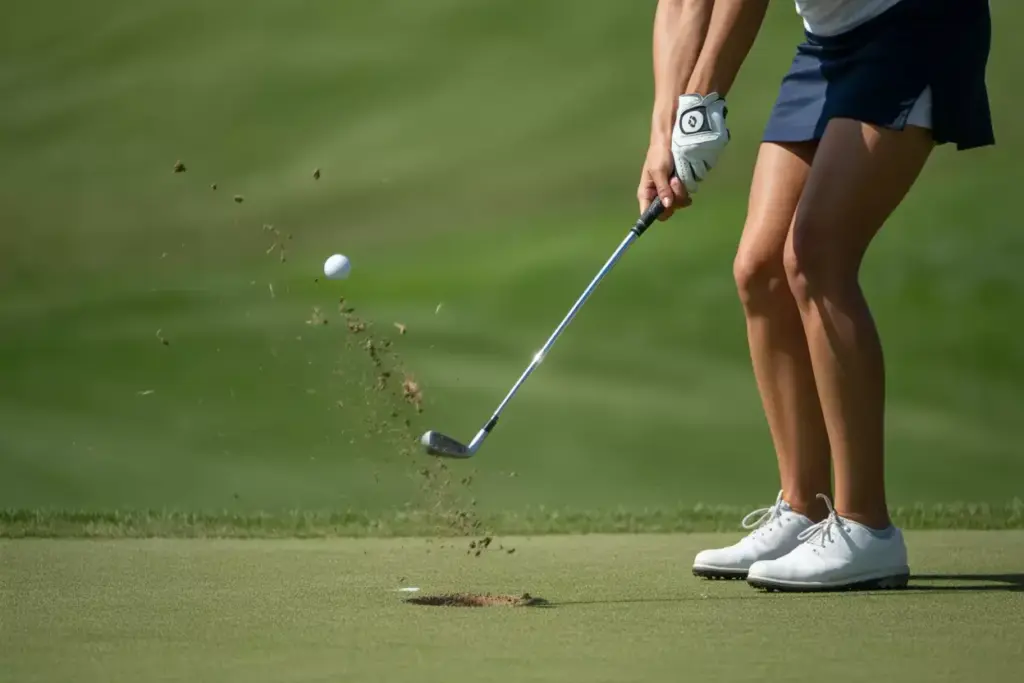Low Angle Shot Of Female Golfer Executing A Precise Chip Shot With Proper Weight Forward