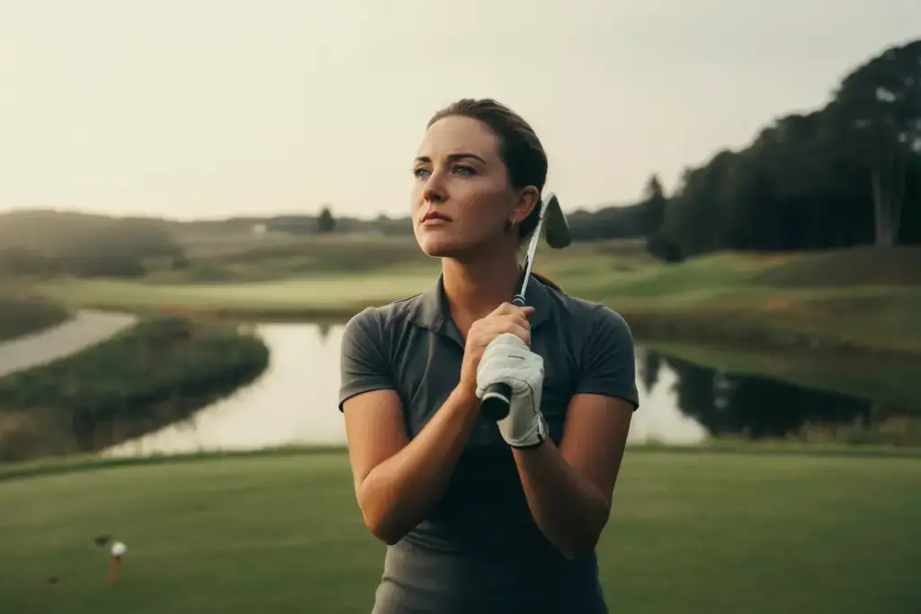 Female Golfer On Tee Box Visualizing Her Shot With Calm Focused Composure