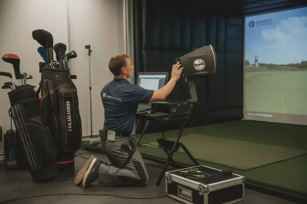 Professional Technician Calibrating Launch Monitor With Laptop During Simulator Installation