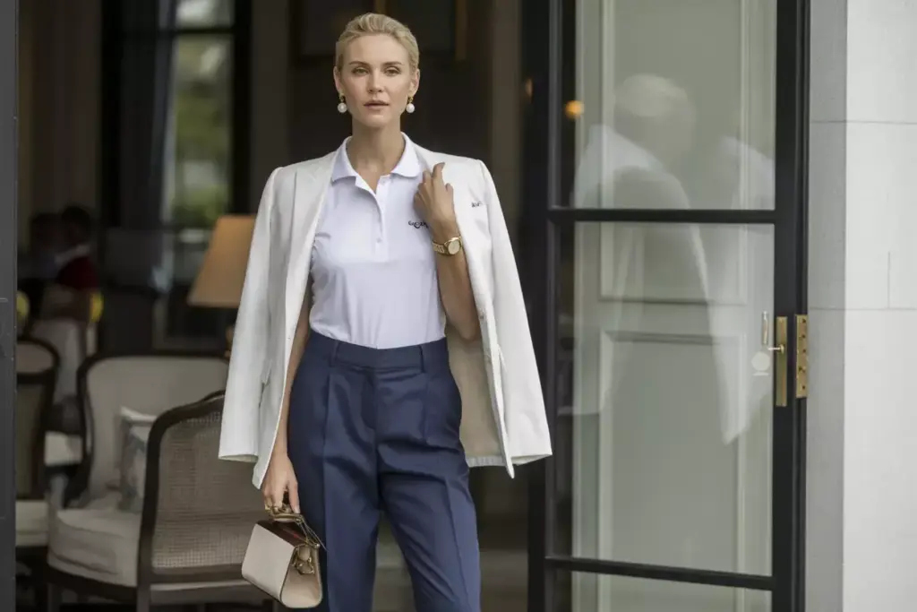 Navy tailored golf pants white polo cream blazer pearl earrings leather loafers upscale clubhouse interior