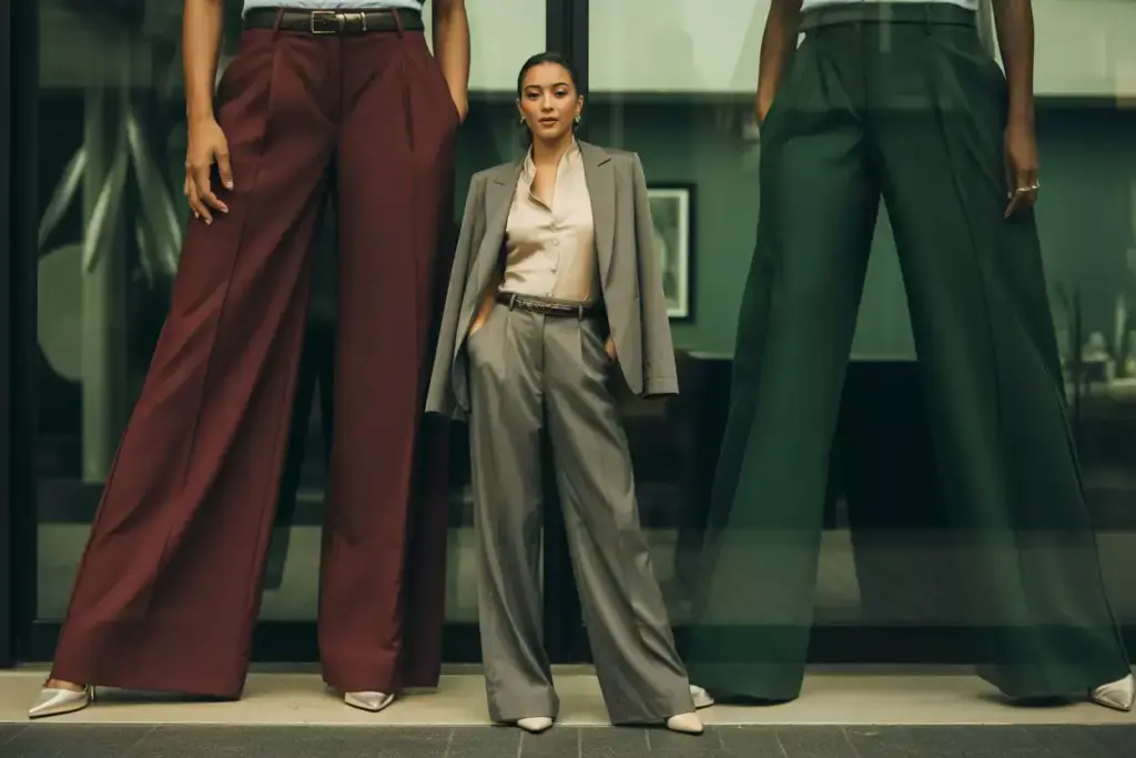 Burgundy wide leg trousers fitted silk blouse tailored vest statement belt pointed flats