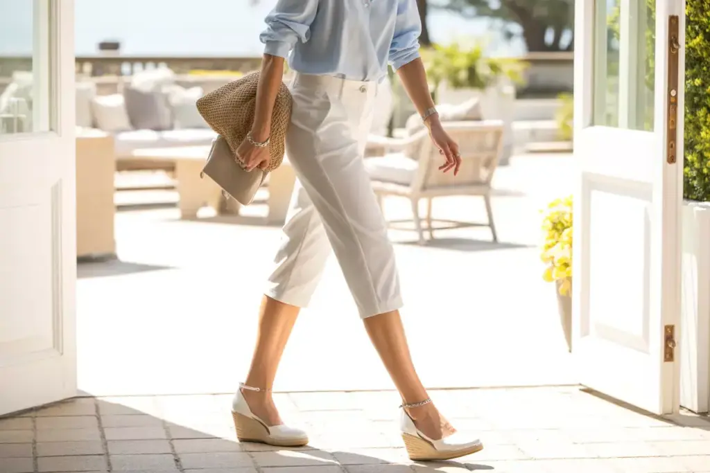 Cropped golf pants lightweight blouse espadrille wedges ankle jewelry sunlit veranda