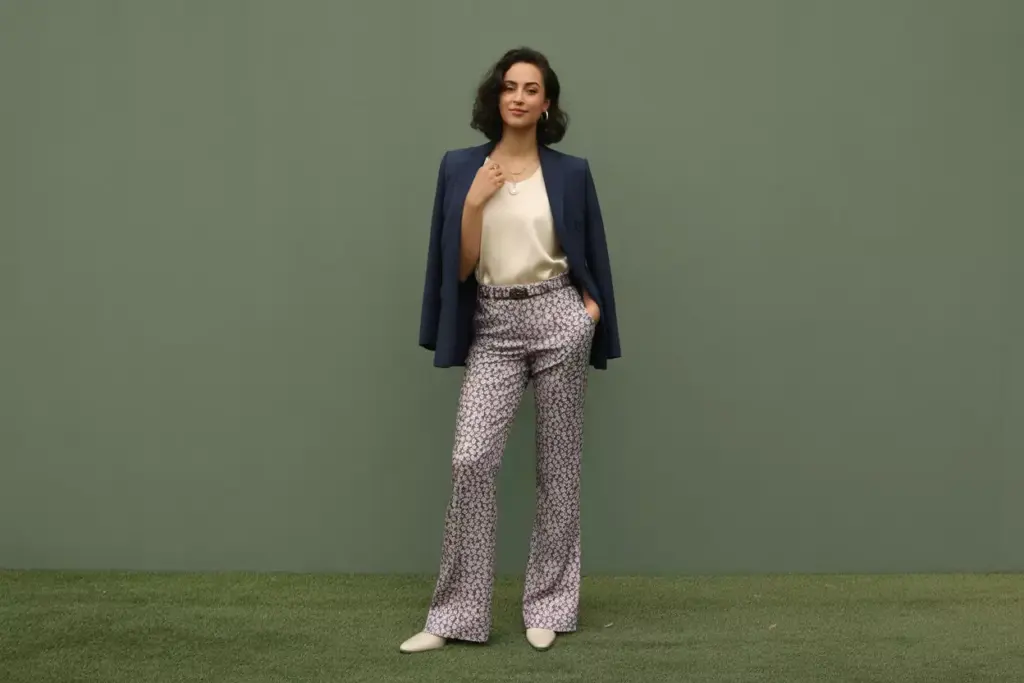 Subtle printed golf pants solid silk shell coordinating blazer modern clubhouse lounge