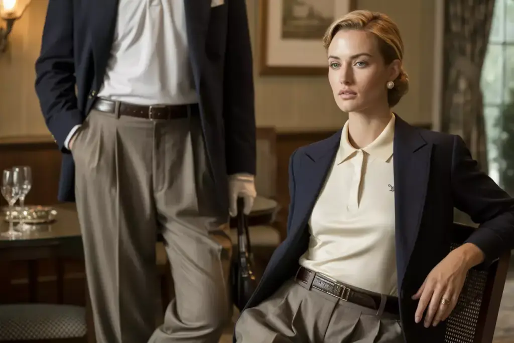 Pleated navy golf pants white polo traditional blazer pearl earnings wood paneled clubhouse