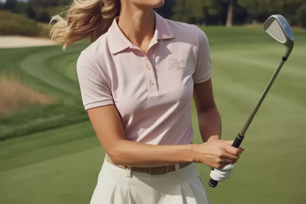 Female golfer wearing vintage inspired polo during swing on fairway