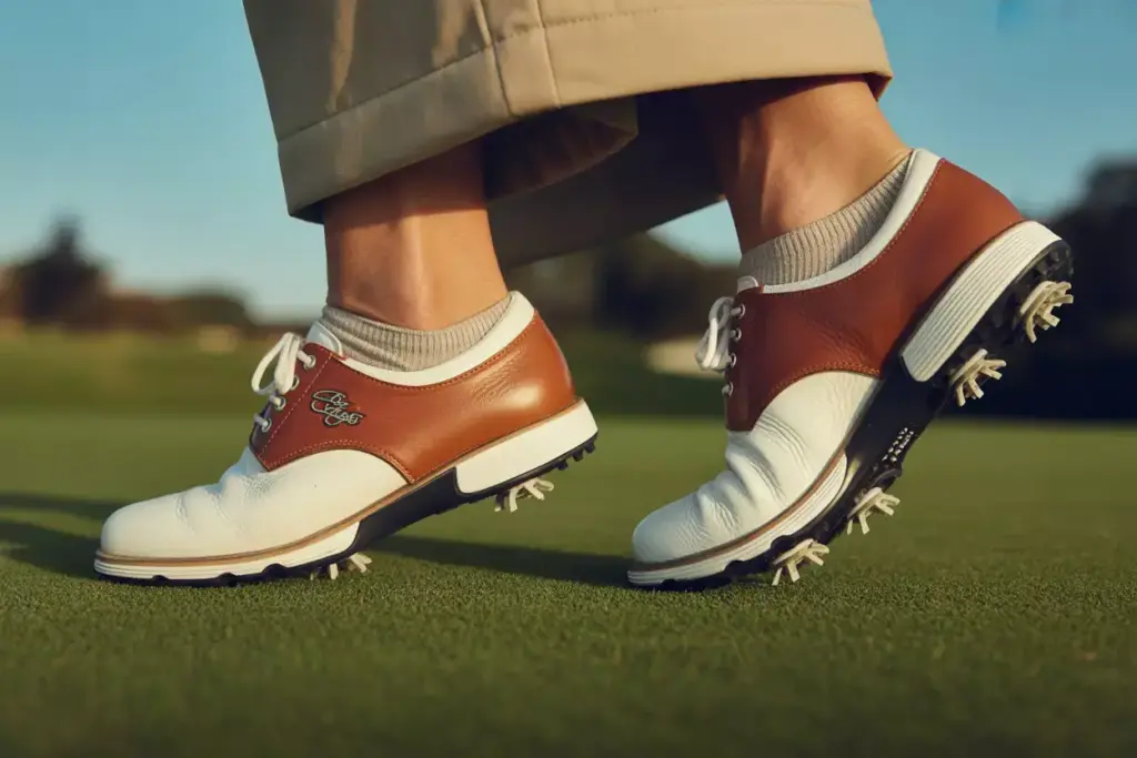 Close up of retro saddle golf shoes on grass