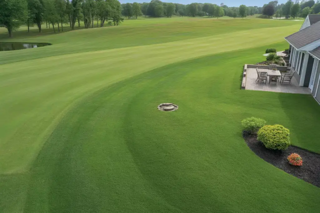 Seamless Lawn Transition From Backyard To Golf Course Fairway Overhead Drone View