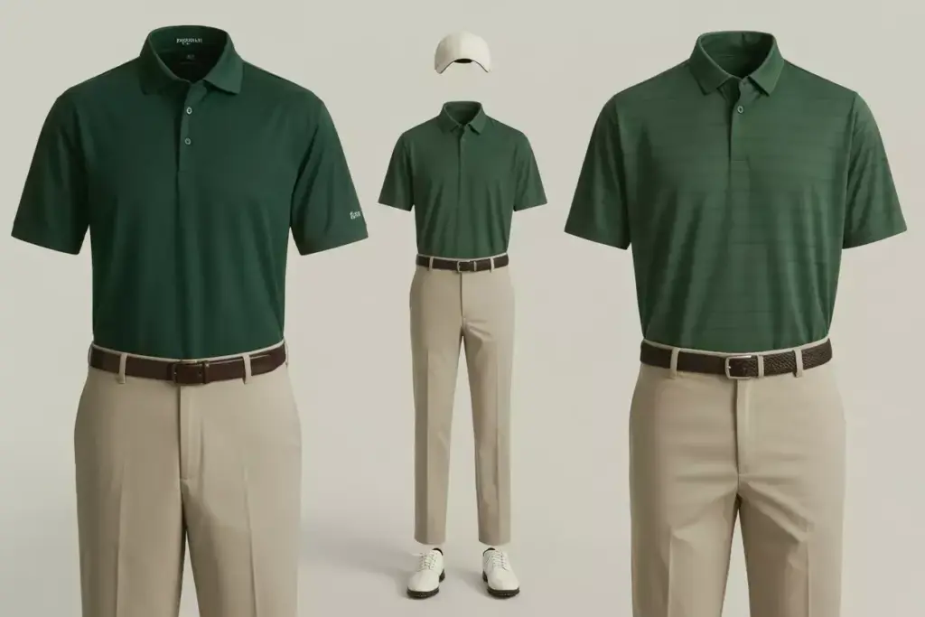 The Traditional Green Ensemble Deep Forest Polo Khaki Pants White Shoes