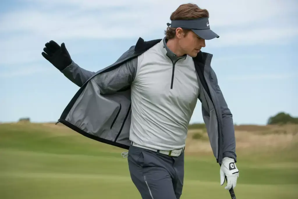 Transitional season golf outfit adapting to changing weather