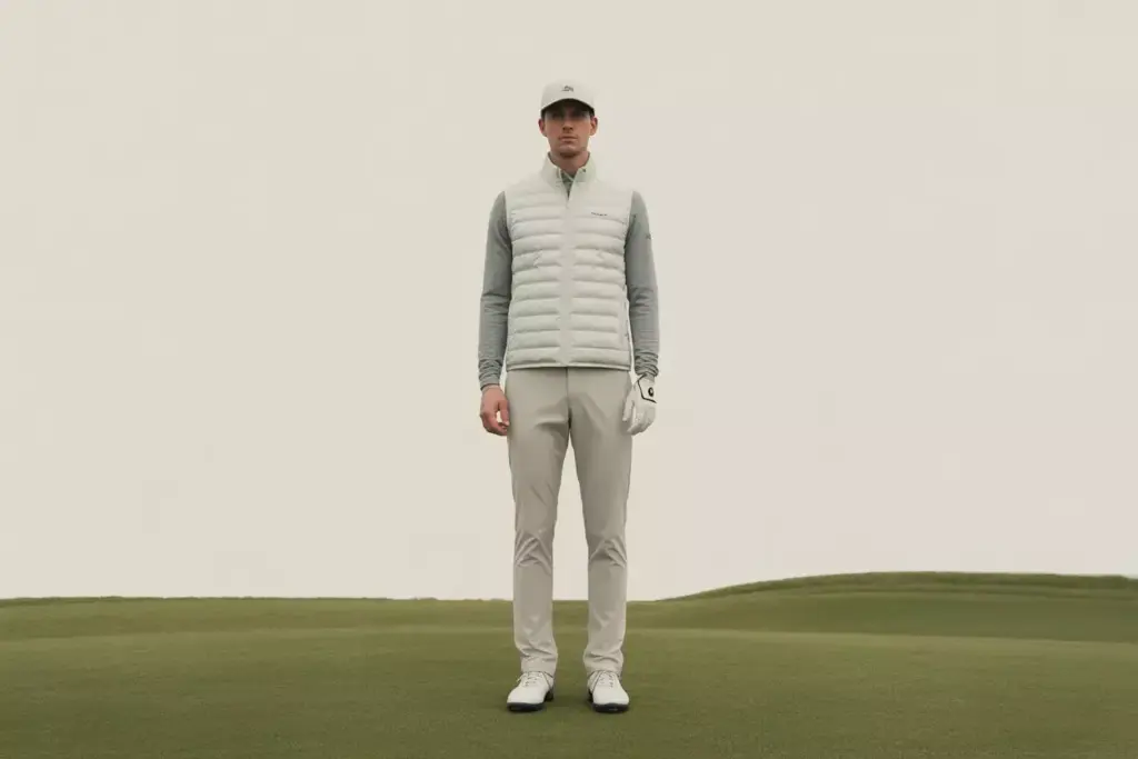 Minimalist performance golf look on modern practice green