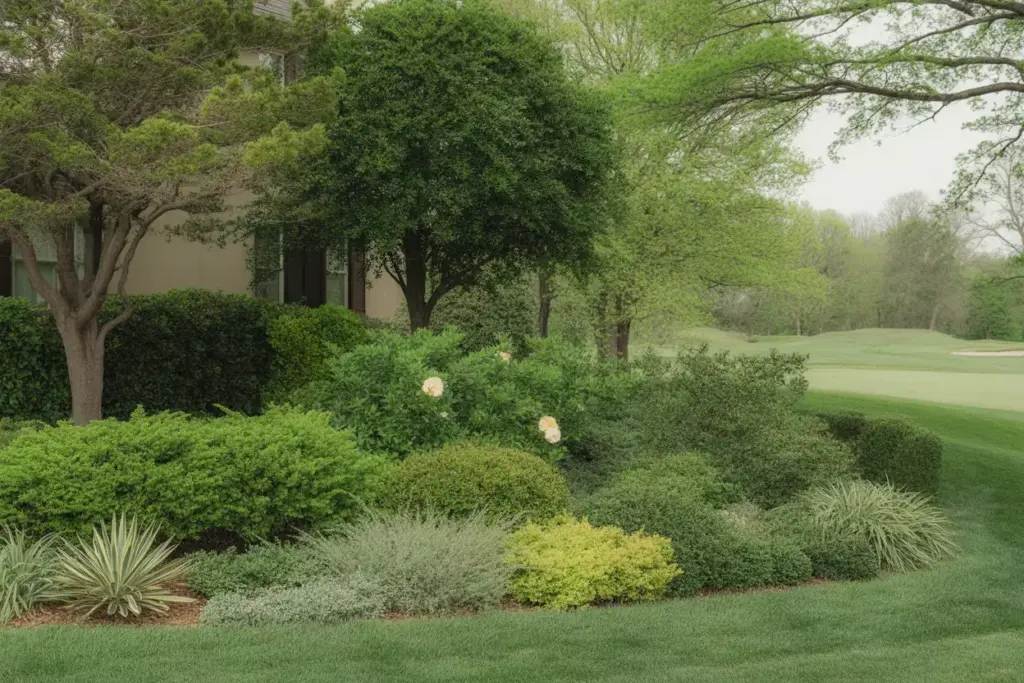 Layered Plant Bed Transition From House To Golf Course With Trees Shrubs And Grasses