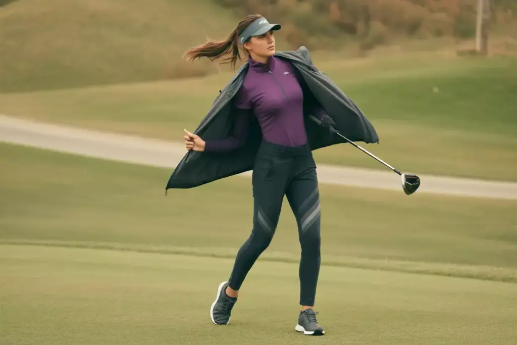 Sporty Athleisure Golf Ensemble With Purple Top And Leggings In Action