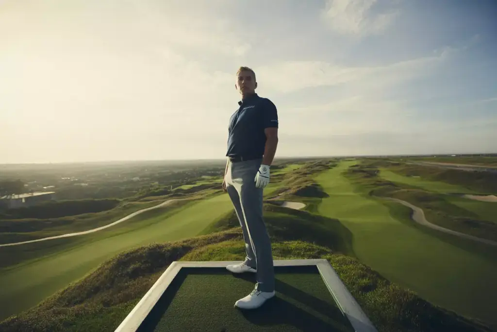 The Elevated Perspective Portrait Of A Golfer On A High Tee Box With A Panoramic Golf Course View Below During Sunset
