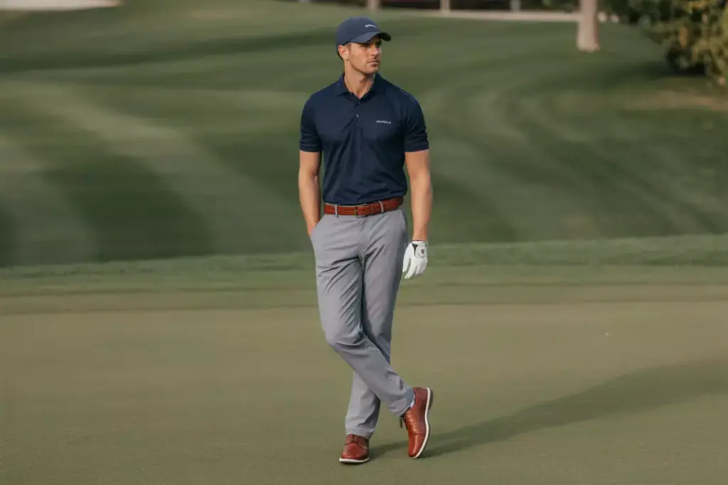 The Navy Blue Classic Navy Polo Gray Pants Brown Leather Accessories