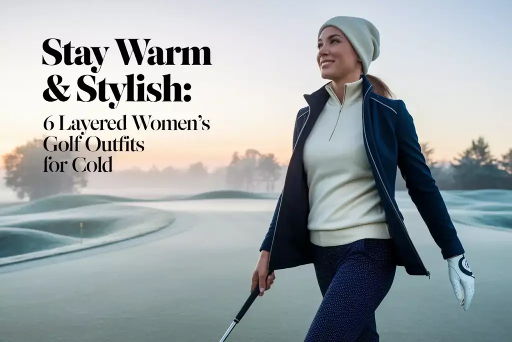 Confident female golfer in layered cold weather outfit on frosty golf course morning