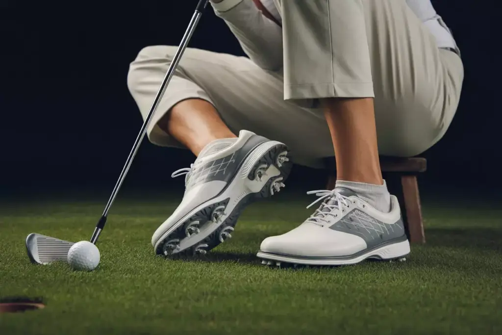 Detailed Close Up Of Modern Womens Golf Shoes On Grass Emphasizing Tread And Waterproof Construction