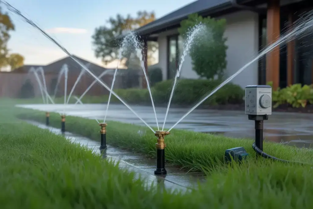 Professional Irrigation System In Action Brass Sprinkler Heads Watering Lush Lawn At Dawn
