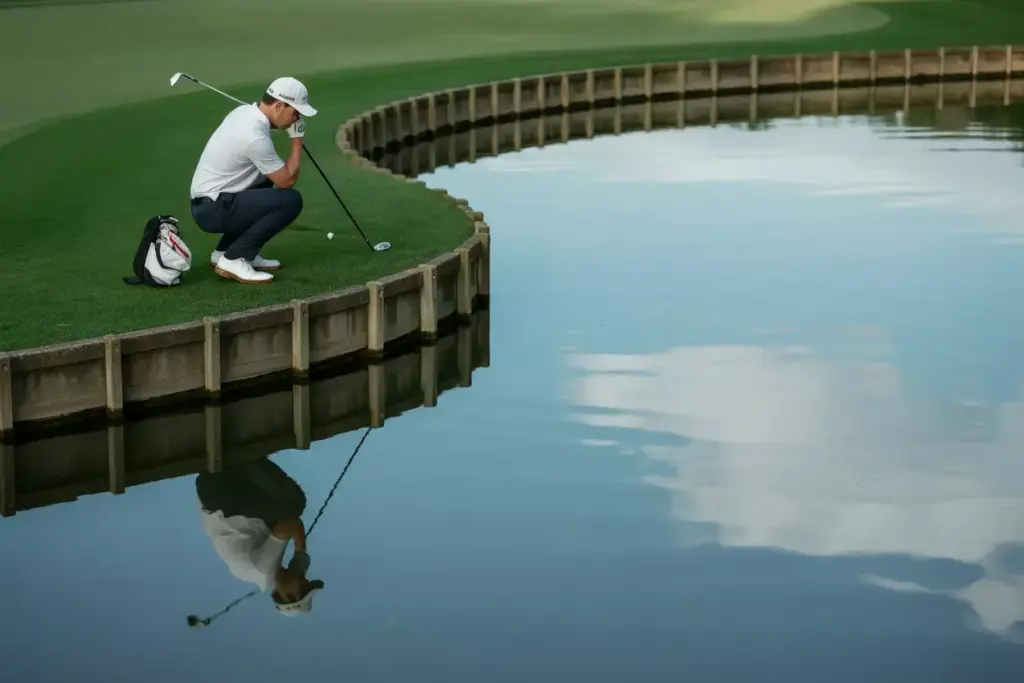 The Reflective Water Hazard Shot Of A Golfer And Their Perfect Mirror Image In A Calm Course Pond During Golden Hour