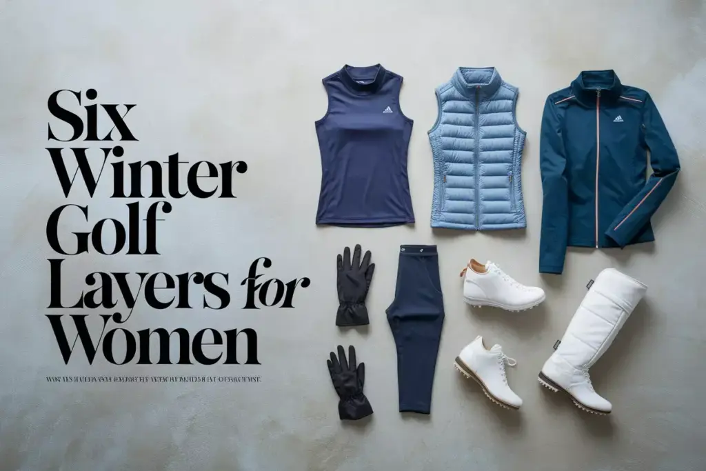 Six layered womens golf apparel flat lay on neutral background