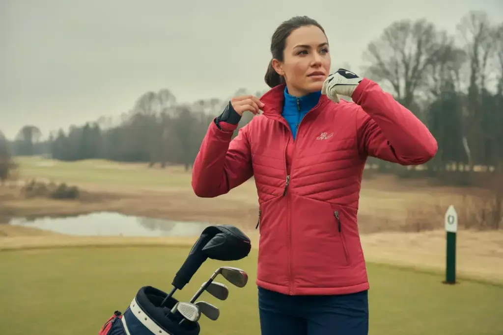 Woman golfer in bright insulated midlayer jacket adjusting zipper on tee box