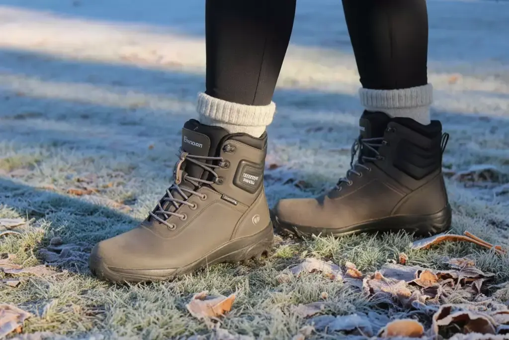Closeup insulated waterproof golf boots on thick frosty ground