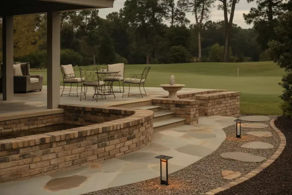 Elevated Natural Flagstone Patio With Fountain And Views Of Golf Course Fairway