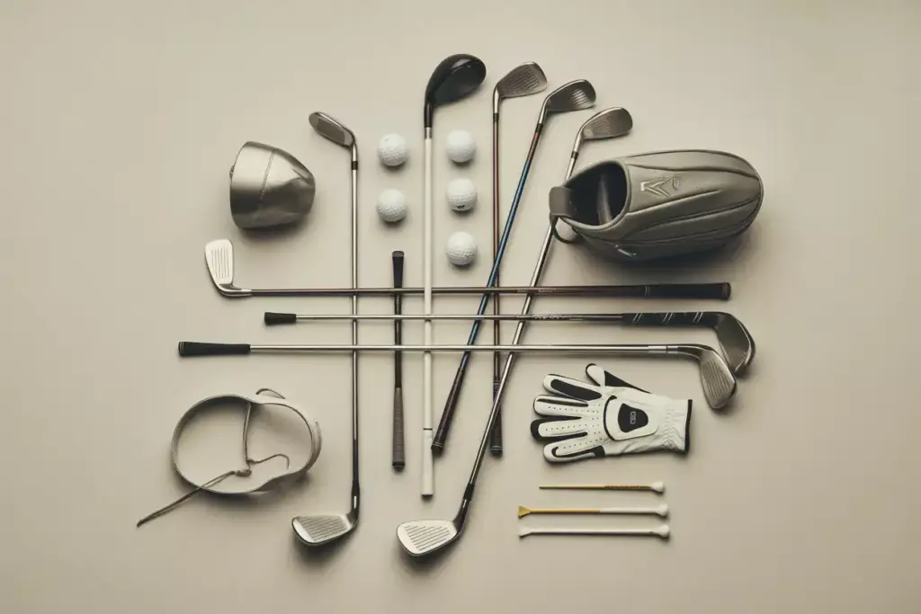 The Equipment Artistry Display Of Golf Clubs Balls And Bag Arranged In A Geometric Pattern With Dramatic Lighting