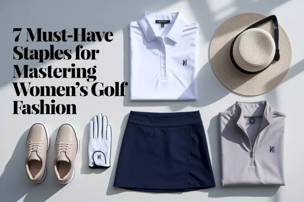 Modern curated flat lay of womens golf wardrobe essentials on light background