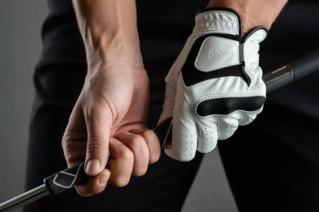 Extreme Close Up Of A Premium Golf Glove On A Womans Hand Gripping A Club Demonstrating Fit