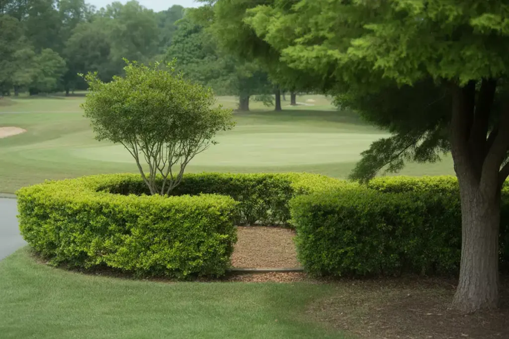 Low Boxwood Hedge Defining Property Line With Framed View Of Golf Course Green