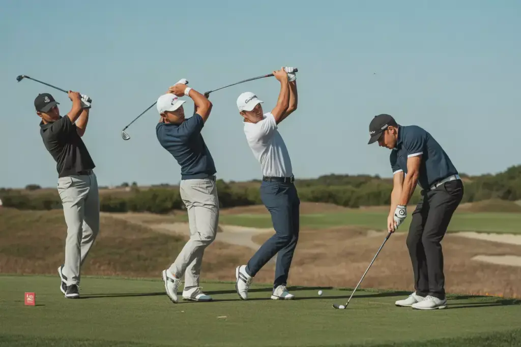 The Action Packed Group Formation Of Golfers In Different Swing Stages On A Tee Box Showing A Sequence Of Play