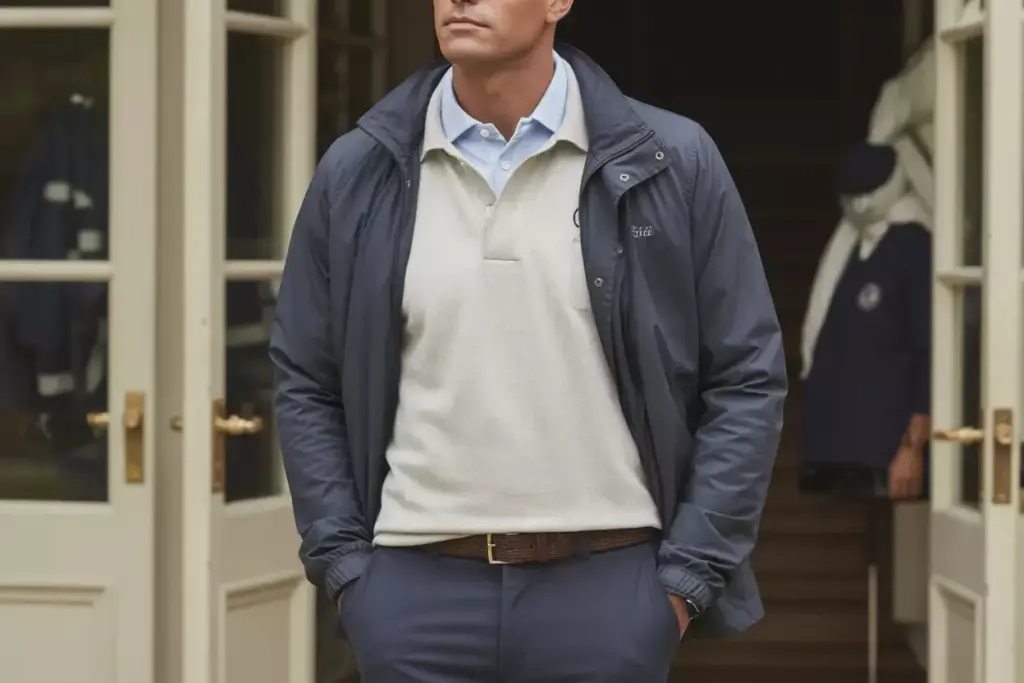 The Layered Sophistication Approach Cashmere Sweater Over Polo With Windbreaker