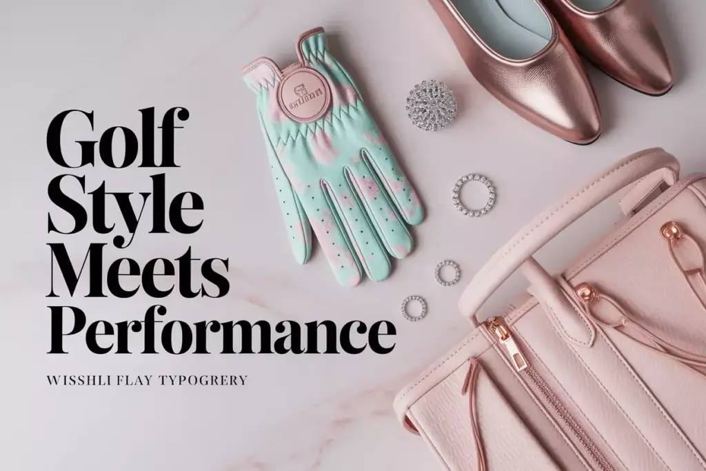 Girly golf wishlist flat lay with pastel gear on marble