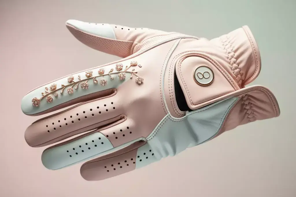 Blush pink cabretta leather golf glove with floral embroidery