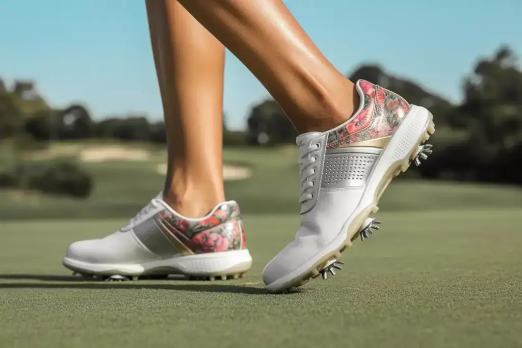 Floral print spikeless golf shoes on fairway background