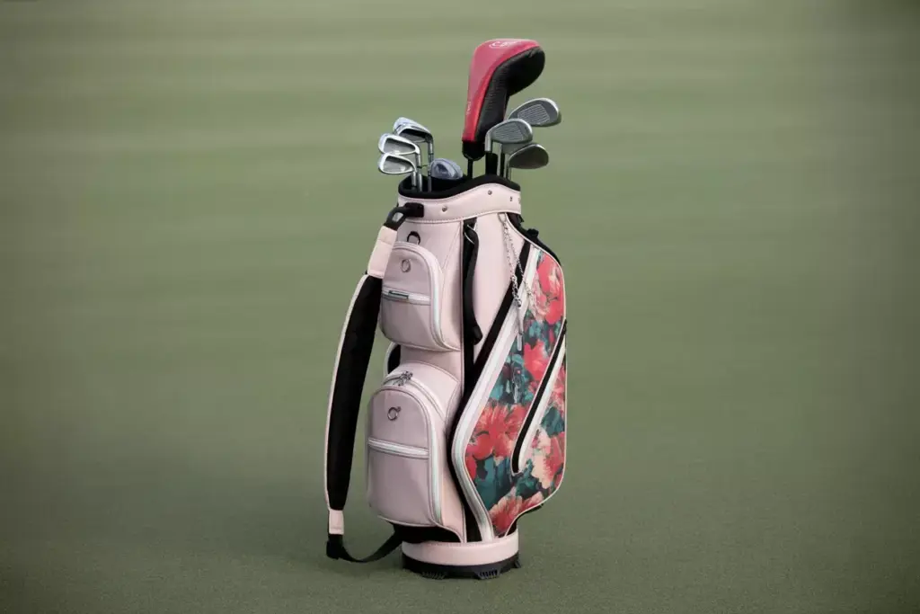 Pastel floral print golf bag with 14 way divider standing