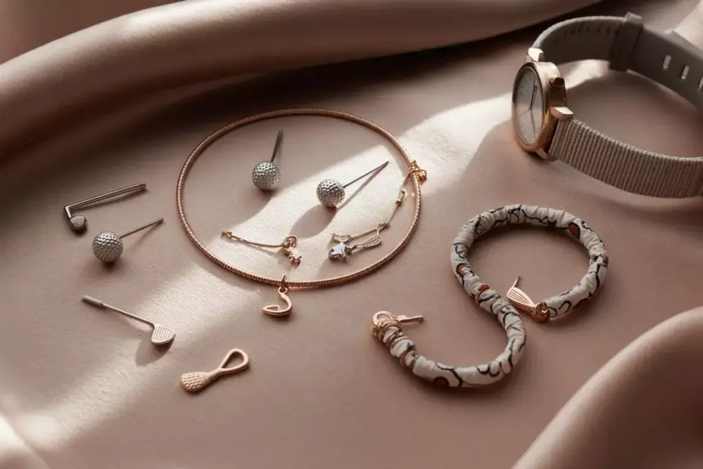 Flat lay of golf ball earrings charm bracelet and sport watch