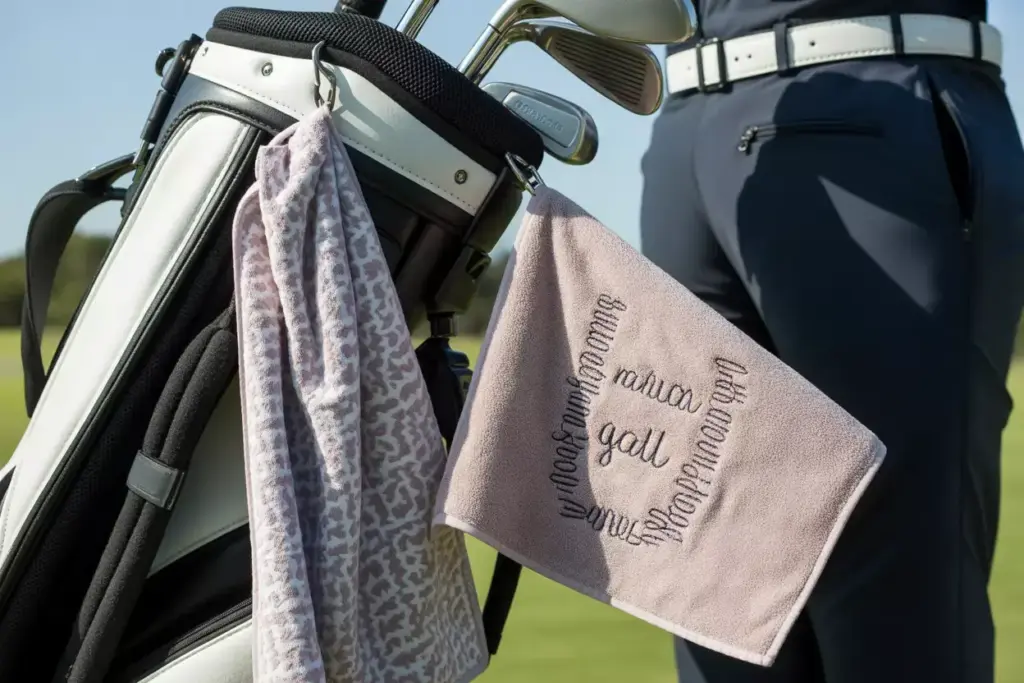 Embroidered microfiber golf towel clipped to floral golf bag