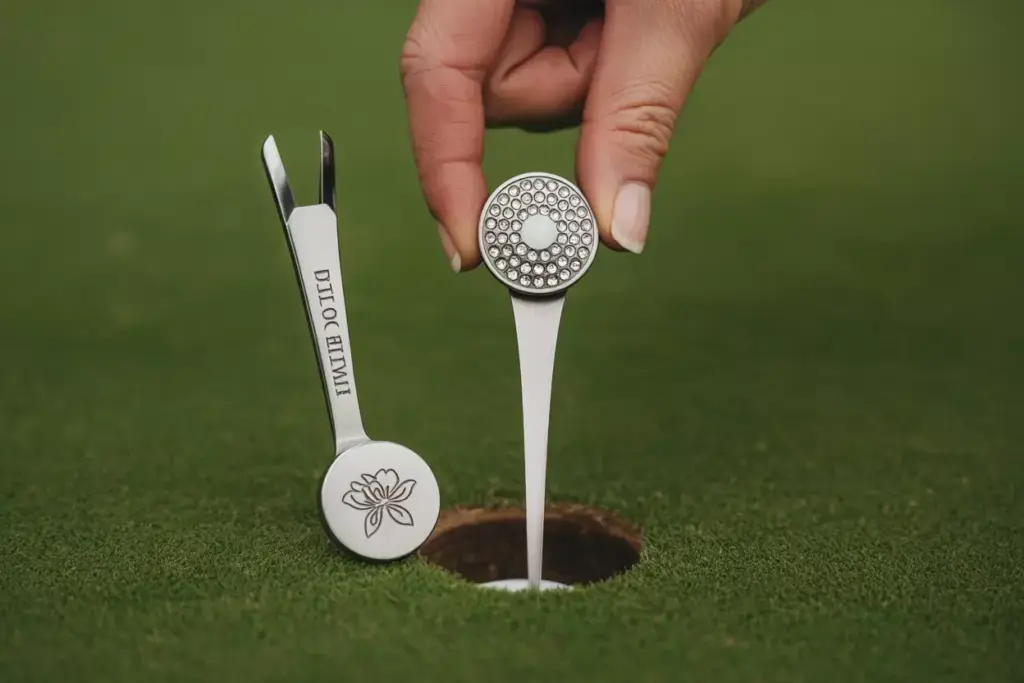 Hand holding crystal ball marker and floral divot tool