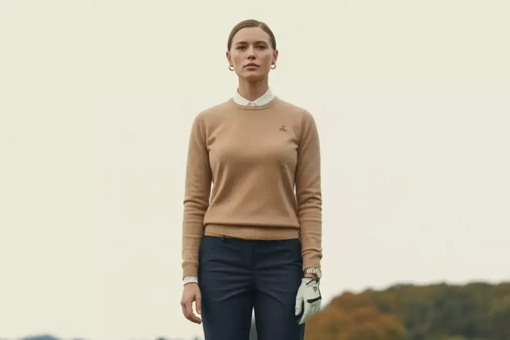 Modern Minimalist Golf Style With Camel Sweater And Tailored Pants