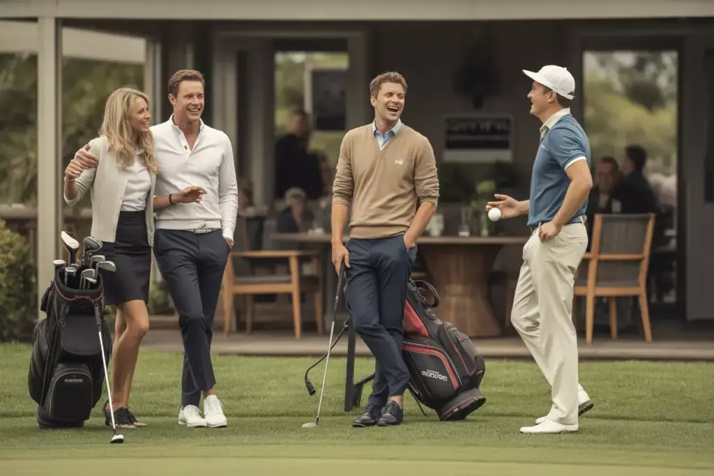 The Lifestyle Integration Shot Of A Group In Smart Attire Socializing With Golf Equipment Near A Clubhouse
