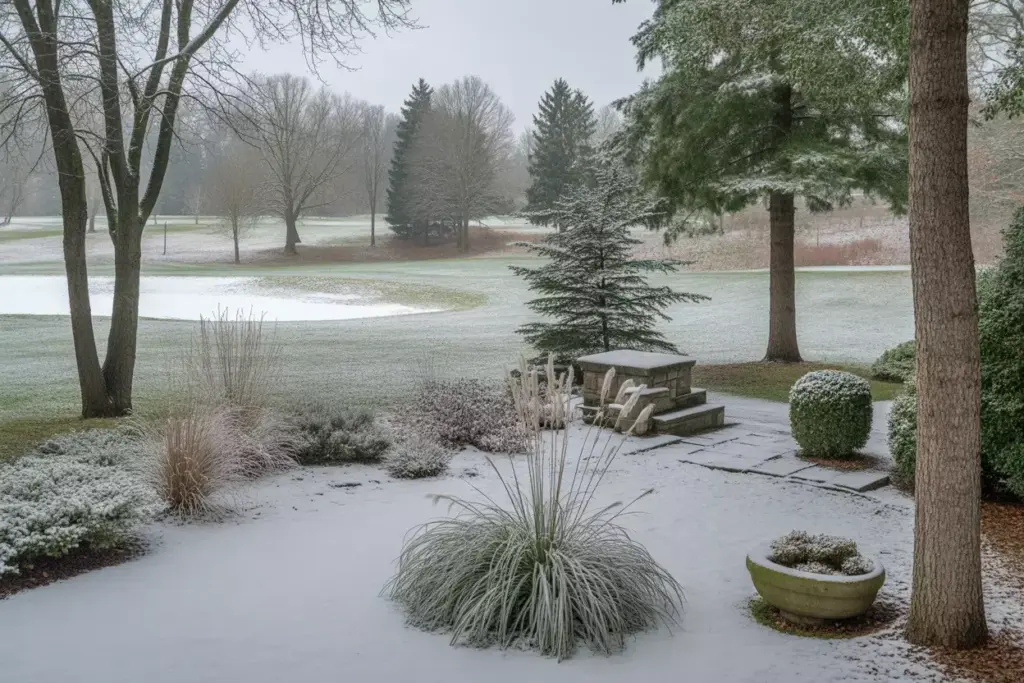 Winter Backyard Scene With Evergreens Ornamental Grasses And Snow Dusted Golf Course
