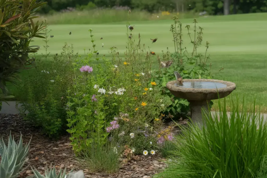 Native Pollinator Garden With Butterflies Bees And Birdbath Next To Golf Course