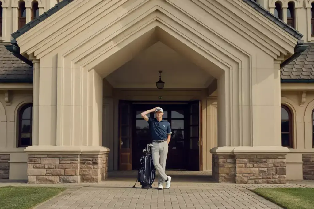 The Architectural Integration Pose Of A Golfer Framed By The Stone Arches Of A Classic Golf Clubhouse Facade