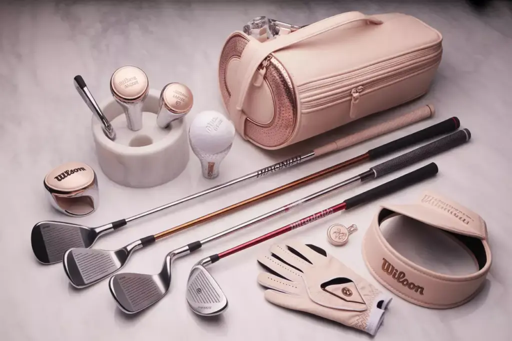 Wilson Magnolia Stylish Golf Set Rose Gold Flatlay Accessories