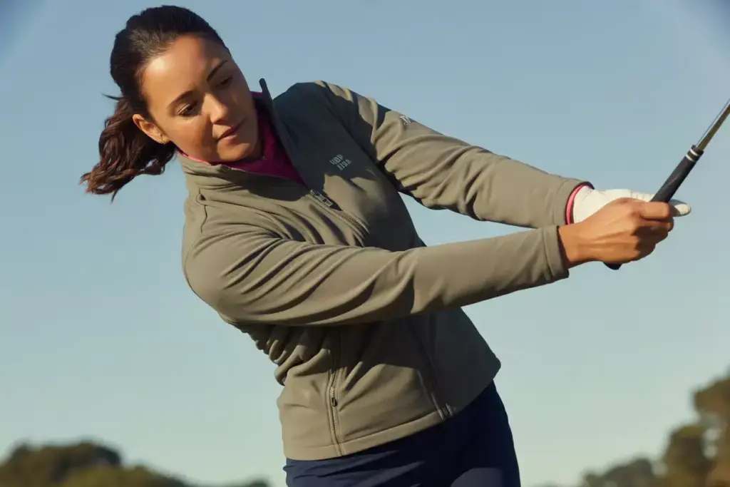 Woman golfer swinging wearing full zip fleece mid layer on course